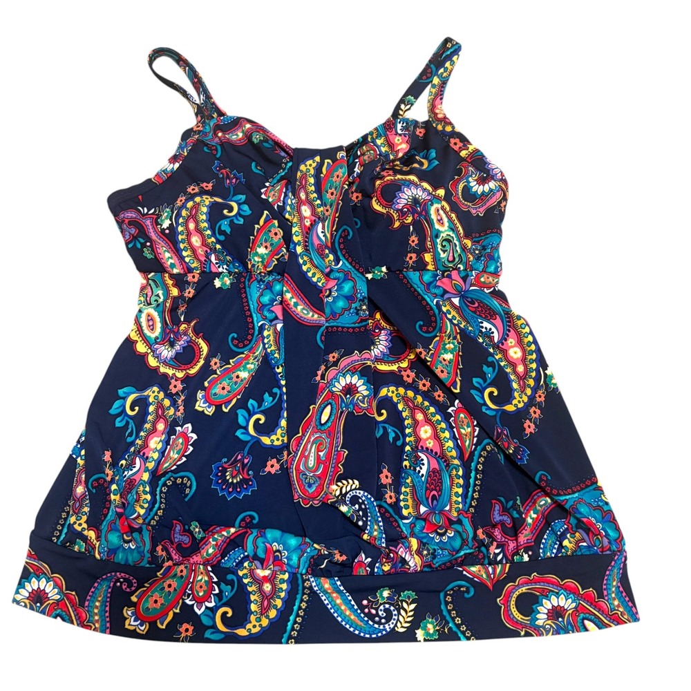 Lands' End Womens 14W Tankini Top Navy Blue Colorful Paisley Built in Bra Swim